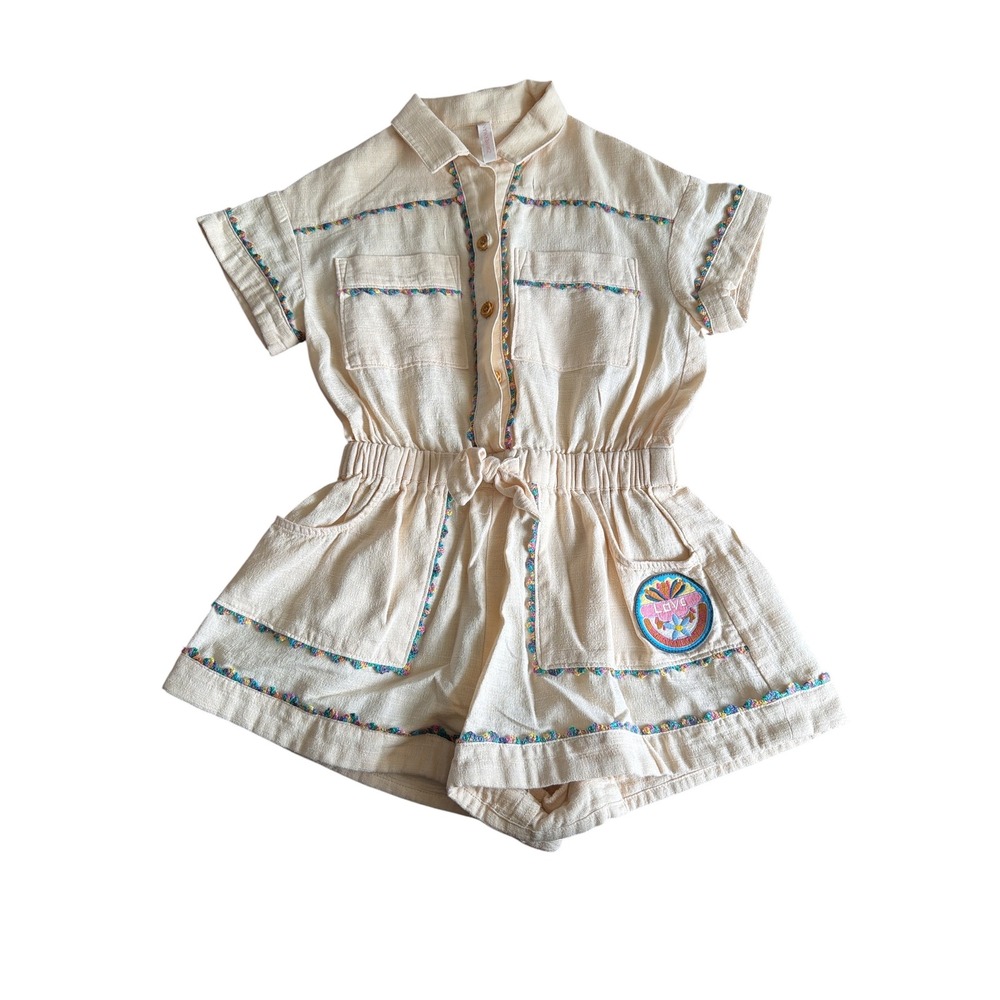 Zimmermann Kids Cream Cotton Romper with Crochet Trim and Love Patch Size 4